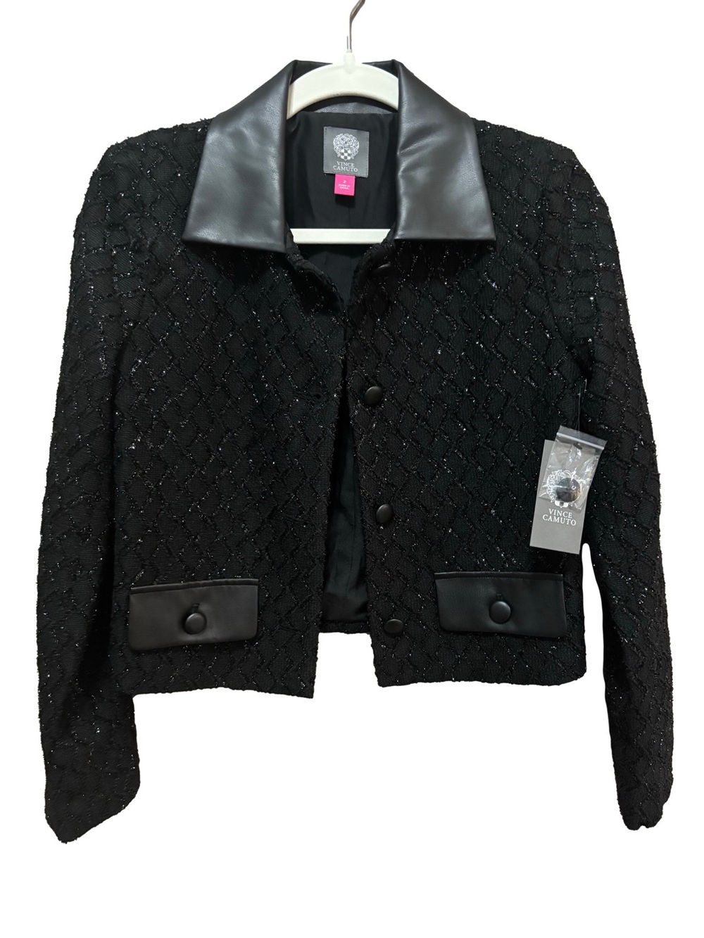 Vince Camuto Black Tweed Jacket with Faux Leather Trim - Picture 2 of 4